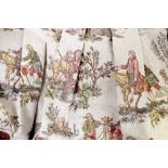 A quantity of French Toile de Jouy curtains with rural scenes and castles, all interlined and lined,