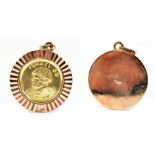 A small Israeli yellow metal coin in rose coloured yellow metal frame with pendant loop