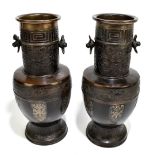 A pair of late 19th century Chinese bronze vases with stylised bird handles, height 35cm (2).