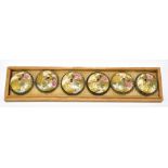 A cased set of six Japanese Meiji period Satsuma buttons, each decorated with an exotic bird and