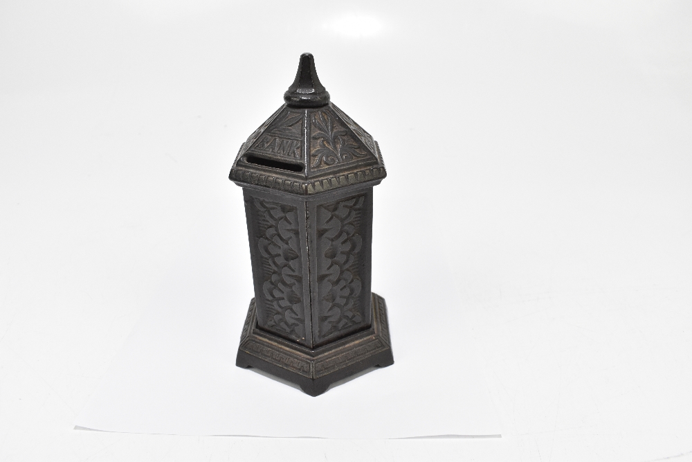 A Victorian cast iron novelty money bank of hexagonal form, impressed registration number 187026 - Image 3 of 4