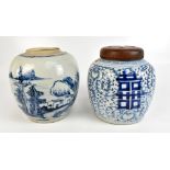 A late 18th century Chinese blue and white jar and cover decorated with landscape setting, double