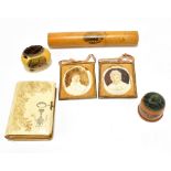 A group of collectors' items to include a Mauchline ware hatpin holder of cylindrical form 'The