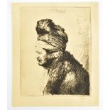 AFTER REMBRANDT; a black and white etching, a profile portrait of a gentleman, 14.25 x 11.75cm,