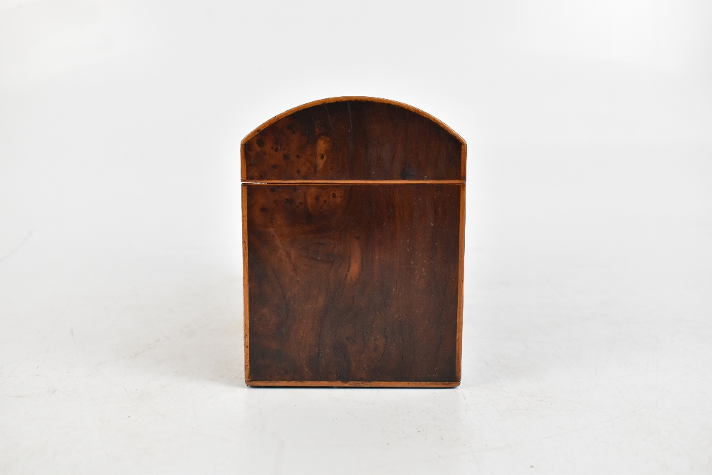 An early 19th century yew wood dome topped tea caddy, the hinged cover enclosing two compartments, - Image 2 of 6