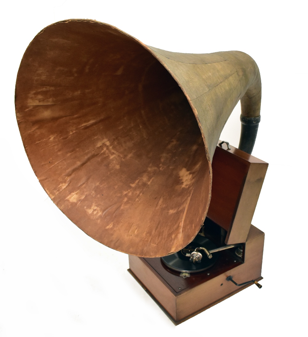 EMG; a Mk. X mahogany cased clockwork gramophone with huge later Xb papier-mâché horn, the arm