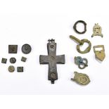 A Byzantine metal reliquary cross with engraved detail of two part construction, 9 x 5cm, and