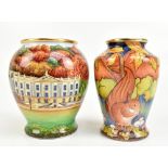 PHILLIP GIBSON FOR MOORCROFT; an enamel vase decorated with a stately home, signed in gilt and dated