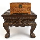 A Chinese carved coffee table of square form, raised on cabriole supports and terminating on ball