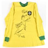 BRAZIL 1970 WORLD CUP WINNERS; a cotton retro remake home shirt with embroidered logo, signed to