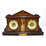 A late Victorian inlaid rosewood combination mantel clock, aneroid barometer and thermometer, with