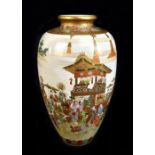 A good and large Japanese Meiji period Satsuma ovoid vase decorated with a continuous procession