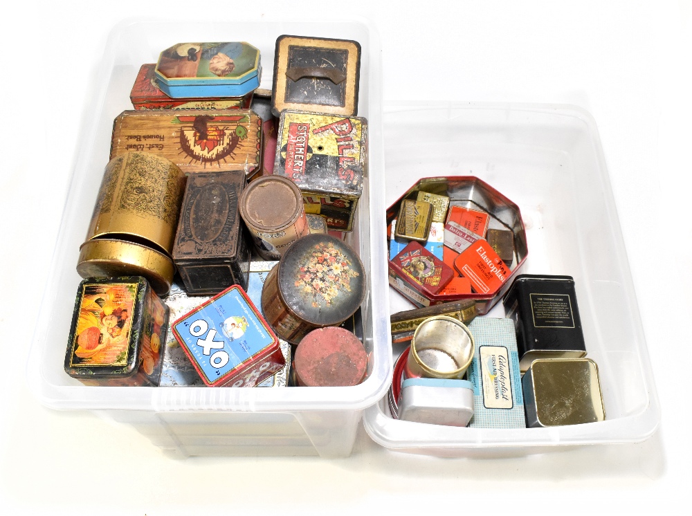 Approximately forty vintage tins including OXO, Stotherts Atherton Pills, Sullivan Powell Oriental