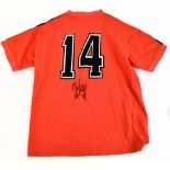 JOHAN CRUYFF; a Toffs Netherlands cotton retro remake home shirt with printed badge, signed with