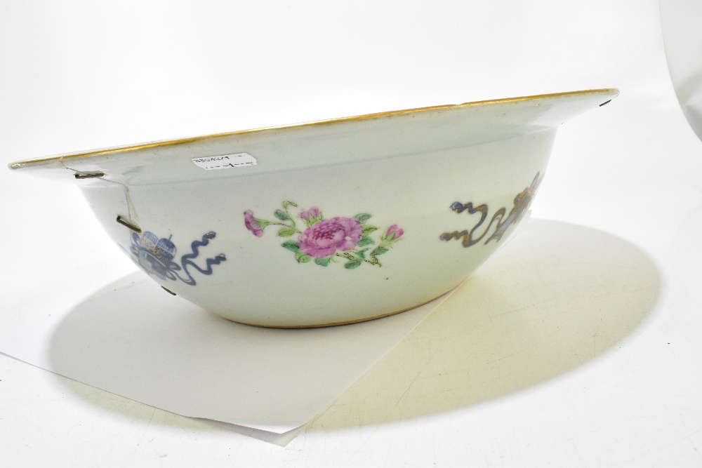 A large Chinese Canton Famille Rose bowl, painted with insects and floral sprays with gilt - Image 9 of 23