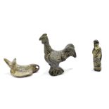 Three small Roman Empire bronze figures comprising a small figural pendant depicting a matron,