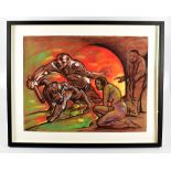 PETER HOWSON OBE (Scottish, born 1958); pastel, study of figures with a dog, signed, 45 x 59cm,