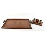 An Edwardian inlaid mahogany desk stand with two detachable inkwells, length 28cm, a Parker fountain