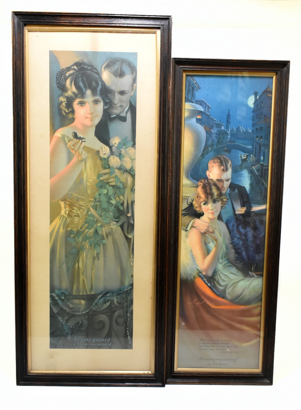Two French Art Deco prints, 'Honeymood in Venice' and 'Beauty Gained is Love Retained', larger