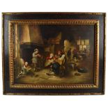 FLEMISH SCHOOL; oil on canvas, genre scene with figures and dog in tavern interior, unsigned, 58 x