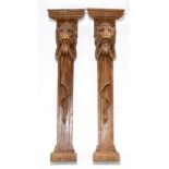 Two late 19th/early 20th century stained oak furniture sections with moulded cornices above lion