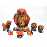 ERIC LEAPER; seven ceramic animals to include a large owl, height 26cm, horse, height 14cm, etc. (