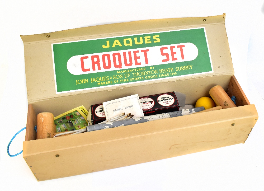 JAQUES & SON LTD; a boxed croquet set including mallets, balls, and hoops, with paperwork.Additional