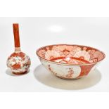 A Japanese Meiji period Kutani bowl, diameter 24cm (af) and a similarly decorated bottle vase,