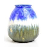RUSKIN; a bulbous vase decorated in a crystaline glaze, impressed marks and dated 1932 to base,