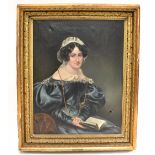 CHARLES DUKES (1803-1865); oil on canvas, portrait of a young woman holding a book, inscribed to the