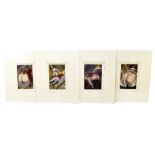 Four French early 20th century hand coloured lithographs depicting erotic scenes, approx 16 x 11.