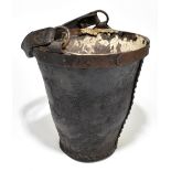 A 19th century leather fire bucket with swing handle with metal rim and studded detail, height