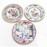 Three 18th century Chinese Famille Rose porcelain plates including an example painted with objects