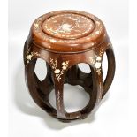 A late 19th century Chinese hardwood and mother of pearl inlaid barrel seat, height 44.5cm, seat