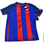LIONEL MESSI, LUIS SUAREZ & NEYMAR JR; an FC Barcelona Nike 2016 home shirt with label bearing