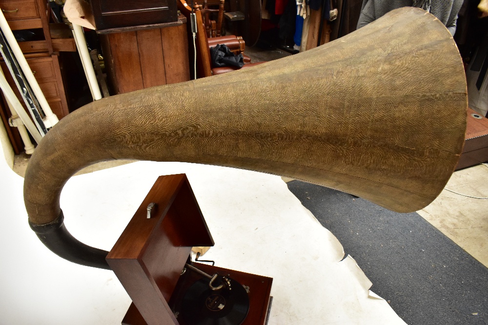 EMG; a Mk. X mahogany cased clockwork gramophone with huge later Xb papier-mâché horn, the arm - Image 5 of 10