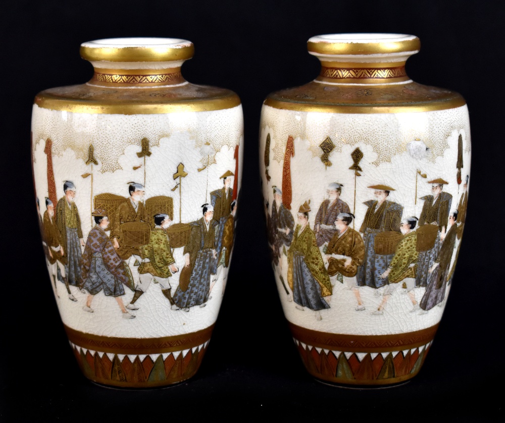 SETSUZAN; a pair of Japanese Satsuma small vases, each painted with a continuous band of figures,