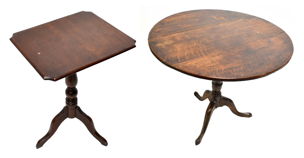 An 18th century oak circular tilt top table on tripod supports, height 70cm, diameter 80.3cm, and