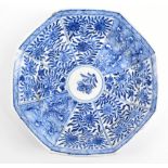 An 18th century Chinese porcelain octagonal saucer painted in underglaze blue with panelled floral