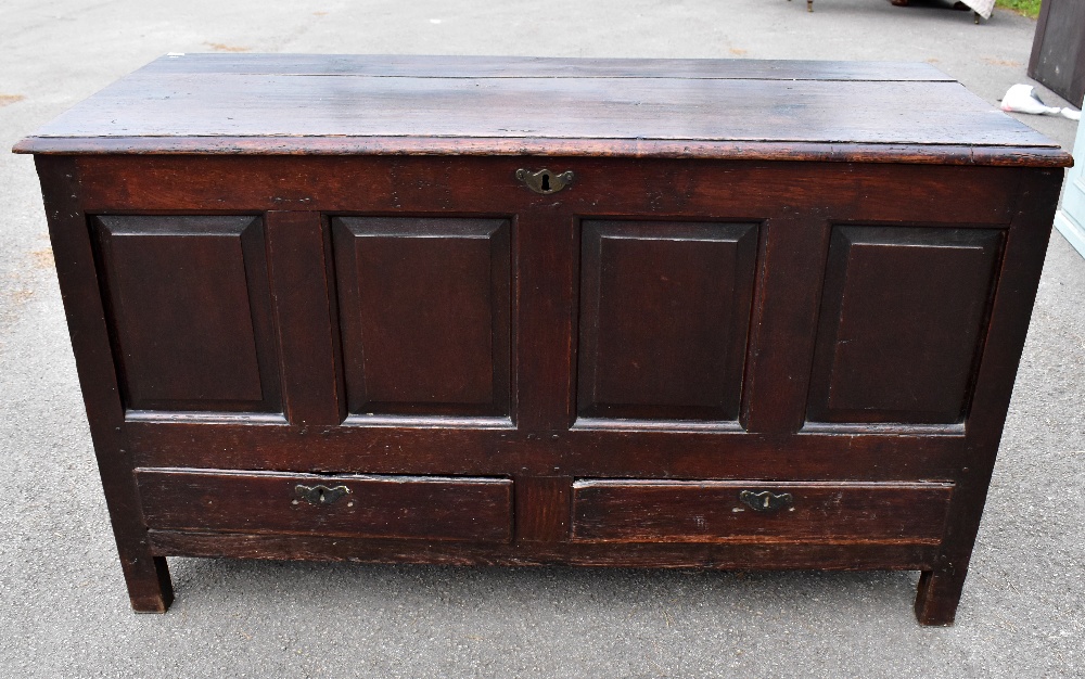 An 18th century panelled oak coffer with two base drawers, height 72cm, length 125cm, depth 55cm.