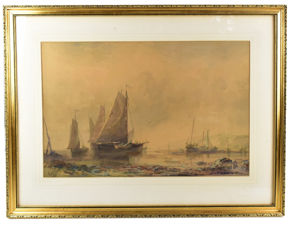 ALBERT POLLITT (1856-1926); heightened watercolour, coastal scene with fishing boats to