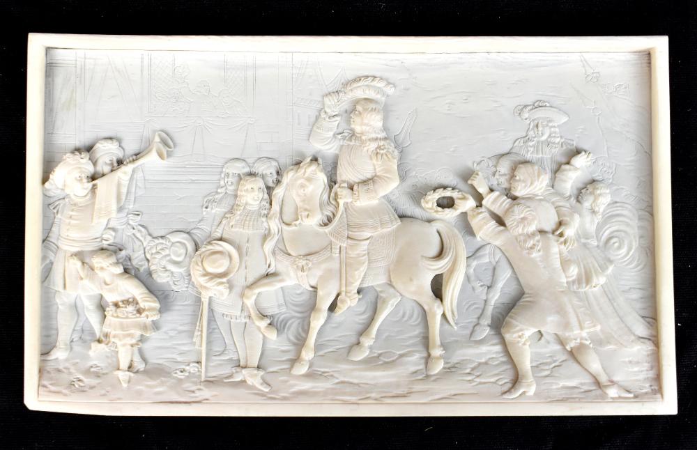 A late 19th century carved ivory plaque of rectangular form with carved detail in the 17th century-