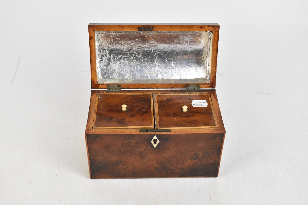 An early 19th century yew wood dome topped tea caddy, the hinged cover enclosing two compartments, - Image 6 of 6