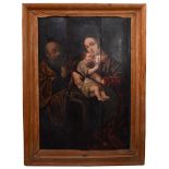 19TH CENTURY SCHOOL; oil on three panels, 'Holy Family with St John the Baptist', unsigned, 106 x