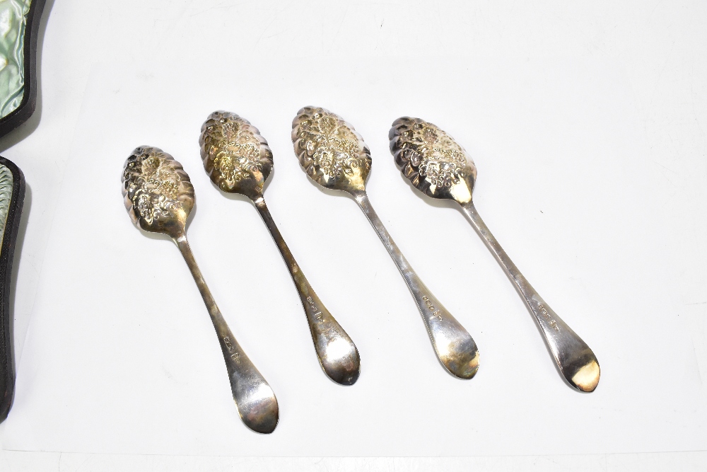 WALKER & HALL; a cased set of four Victorian hallmarked silver berry spoons, with cast decoration to - Image 3 of 4