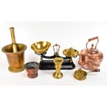 A collection of 19th century and later metalware to include copper kettle, a set of balance