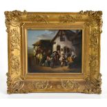 UNATTRIBUTED; a 19th century school oil on panel, figures outside tavern, 18 x 22cm, framed.