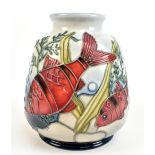 PAULA MELLOR FOR MOORCROFT; a vase of tapering squat form decorated with fish and seaweed,