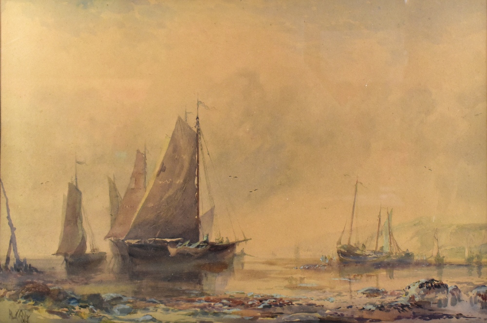 ALBERT POLLITT (1856-1926); heightened watercolour, coastal scene with fishing boats to - Image 2 of 4