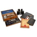 A group of collectors' items to include a walnut cased set of drawing implements, a pair of